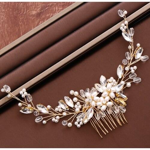 Gold Wedding Hair Comb Hair Accessories Bridal Tiara Crystal Pearl Wedding Hair Jewelry For Women Handmade Bridal Head Ornaments