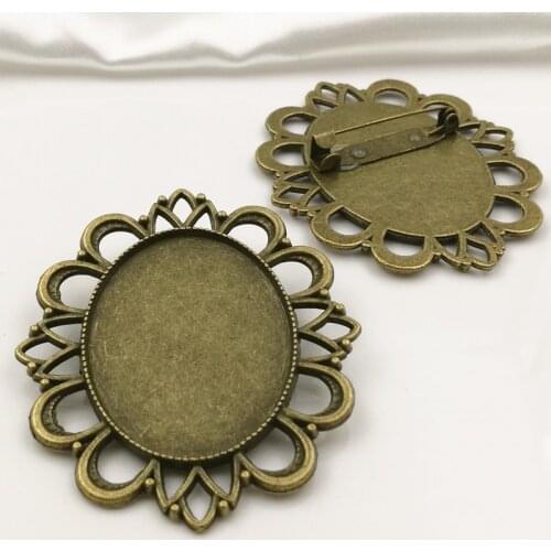 10pcs/lot 52*60MM inner Size:30x40mm Alloy Antique Bronze Flower Blank Tray Brooch base Cameo Setting DIY Jewelry Findings