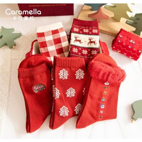 Caramella Christmas Socks 6 Pairs/Lot Soft Cotton Socks Christmas Gift for Girl Women Elk Style New Year Gift Pack