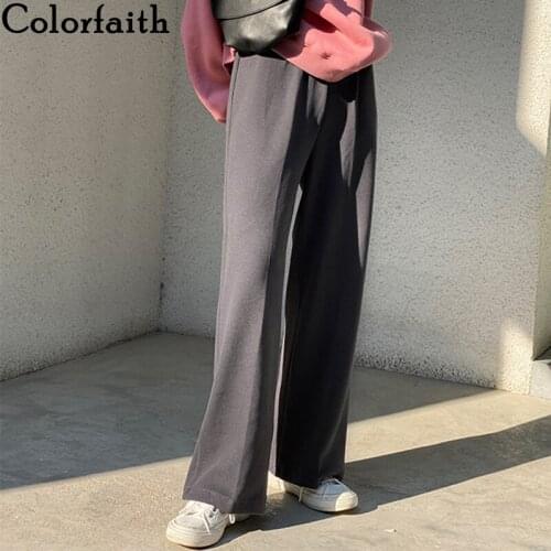 Colorfaith New 2020 Autumn Winter Women Pants High Waist Straight Wide Leg Ankle-Length Oversized Woolen Large Trousers P2635