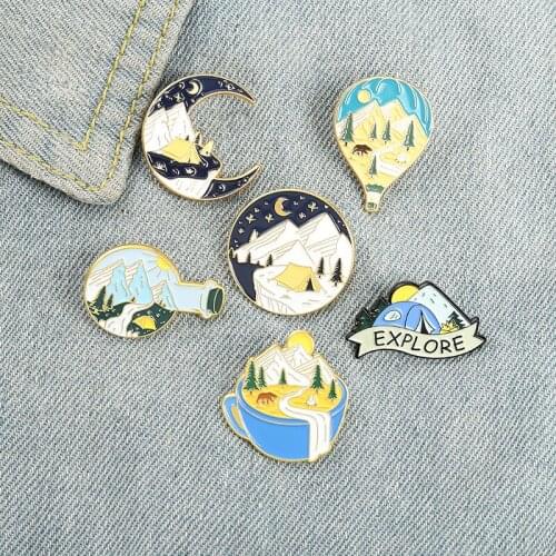XEDZ Outdoor Mountain Camping Enamel Pin Cute Hot Air Balloon Teacup Tent Moon Brooch Clothes Nature Jewelry Gift For Kids
