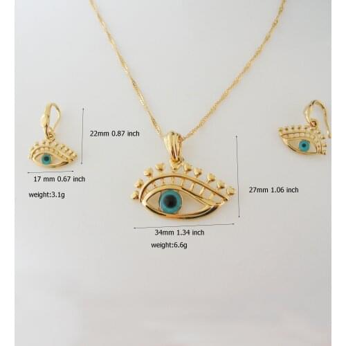FoRomance- GOLD GP OVERLAY VIVID EVIL EYE CAN PROTECT FROM EVIL THING ENAMEL PENDANT 18" WATER WAVE CHAIN NECKLACE EARRING SET