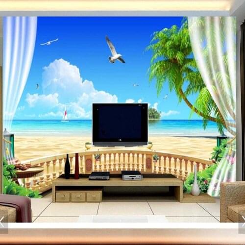 Custom 3D Blue Sky Sea Wall Murals Wallpaper Hand Painted Flowers Oil Painting Wall Paper for Living Room Bedroom Mural