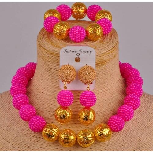 Fuchsia pink costume necklace african set simulated pearl nigerian beads jewelry sets FZZ88