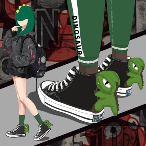 Girls Canvas Shoes Dinosaur High Top Sneakers Couple Men Women Cartoon Cute Dino New Preppy Style Cool Female Black Casual Shoes