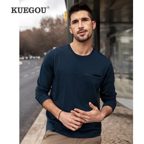 KUEGOU 2021 Spring 100% Cotton Plain Blue T Shirt Men Tshirt Brand T-shirt Long Sleeve Tee Shirt Male Plus Size Clothes 88093