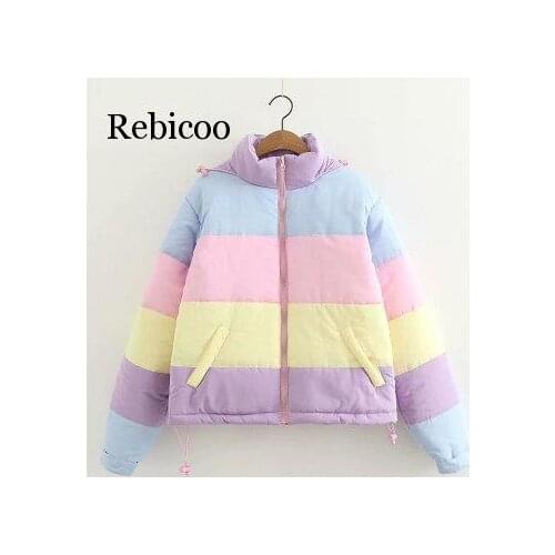 Winter Coat Women Harajuku Short Padded Warm Jacket Sweet Rainbow Stripe Parkas Hooded Coats Kawaii Outerwear Clothing