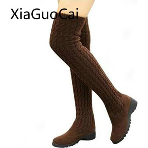 Fashion Knitted Women Long Boots Knitted Round Toe Female Winter Thigh High Boots for Ladies Over-the-knee Boots Lu1 35