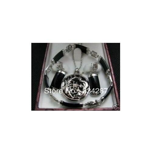 Black jades dragon pendant necklace earring bracelet set
