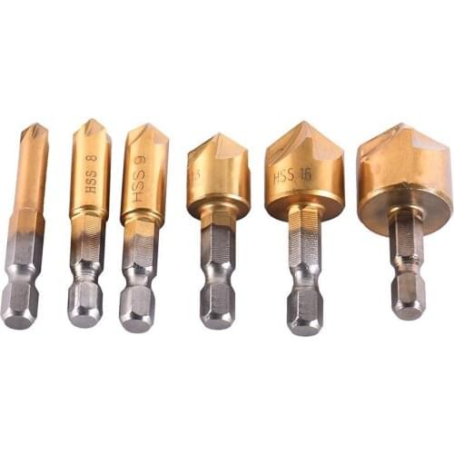 6 Pcs Countersink Drill Bit Set 1/4'' Hex Shank HSS 5 Flute Countersink 90 Degree Wood Chamfering Cutter Chamfer 6mm-19mm