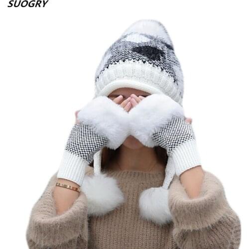 2019 New Women Rabbit hair Knitted Hat Gloves Set Thick Warm Winter Skullies Hat Three Pom Pom Ski Beanie Cute beanie caps for girl