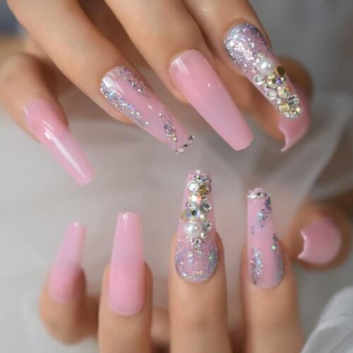 Extra Long Press On Nails With Rhinestone Pearls Glitter Pink Fake Nails Coffin Ballerina Glossy Acrylic Nail Tips For Woman