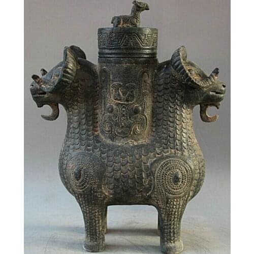 Song voge gem S2235 17" Old Chinese Bronze Folk Two Head Sheep Goat water wine vessel kettle pot