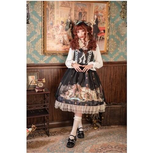 Gothic palace sweet lolita dress vintage lace bowknot printing high waist victorian dress kawaii girl gothic lolita jsk loli cos