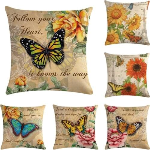 Sunflower Butterfly Print Pillowcase Decorative Pillows Cushion Cover For Bed Living Room Throw Pillowcover Home Textile 45*45cm
