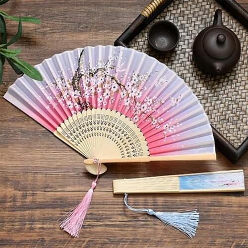 Handmade Folding Tassel Cherry Blossom Hand Held Fan Chinese Art Vintage Dance Pocket Wedding Birthday Party Gift Home Decor