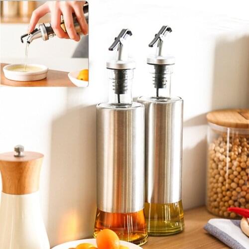 1pc 350ML Kitchen Glass Oil Bottle Stainless Steel Leak-proof Soy Sauce Vinegar Cruet Storage Dispenser