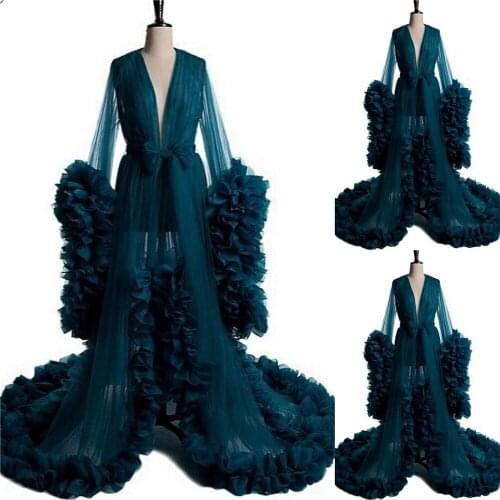 Navy Blue Ruffles Women Pajamas Bathrobe with belt Tiered V Neck Photo Shoot Dress Party Evening Wedding Nightdress