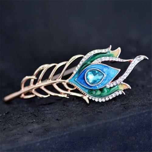 New Fashion Women Vintage Gold Color Feather Brooch Blue Enamel Pin Crystal Rhinestone Metal Brooches Jewelry Accessory
