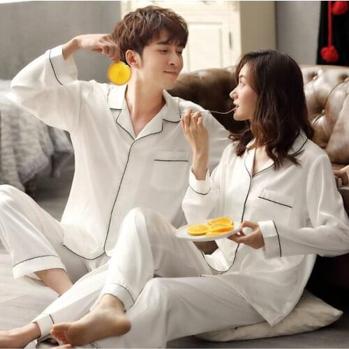 Sleepwear Silk Satin Pajamas Couple Set Long Button-Down Pyjamas Suit Pijama Women Men Loungewear Plus Size Pj Set