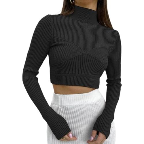 Women’s Fashion Casual Full Sleeve Knitted Shirt Fashion Solid Color High Collar Exposed Navel Tops Ladies