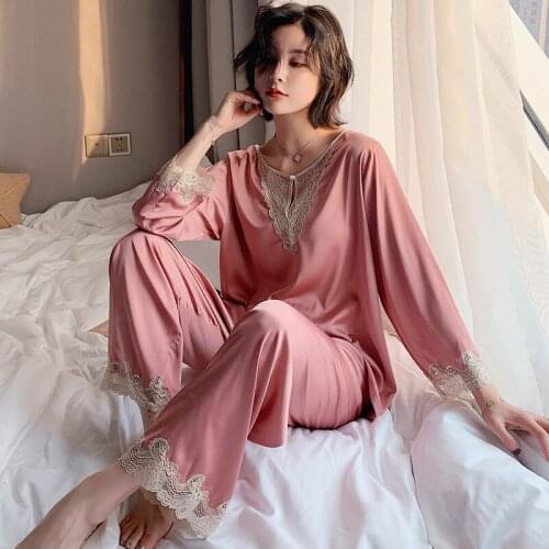 Ladies Silk Satin Pyjamas Spring Autumn Thin Long-sleeved Pajamas Sets Sexy Lace Loose Home Clothes Woman Two-piece Suit Pijama