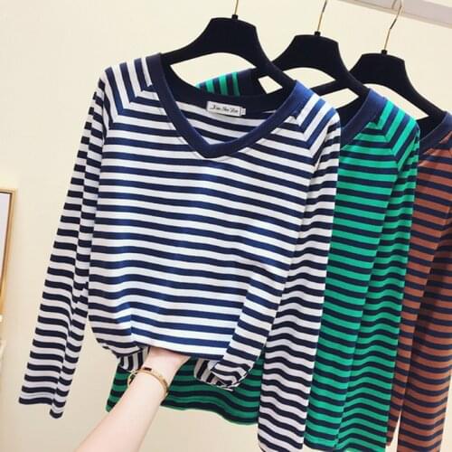 Gkfnmt 2019 Vintage Stripe V neck Long Sleeve T shirt Women Casual White T-Shirt Female Tops Fall Tee Shirt Femme Clothes