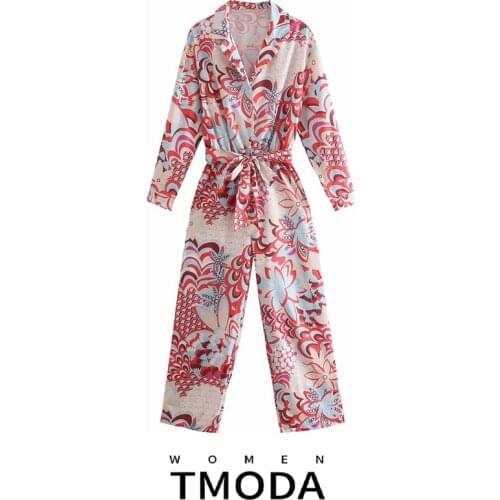TMODA1544 Za 2021 Women Chic Fashion With Sashes Totem Print Jumpsuits Vintage Long Sleeve Button-up Female Playsuits Mujer