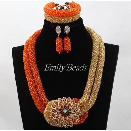 Lovely Wedding Gift Set Orange/Gold African Crystal Party Beads Jewelry Necklace Set Bridal Necklace Set Free Shipping ALJ614