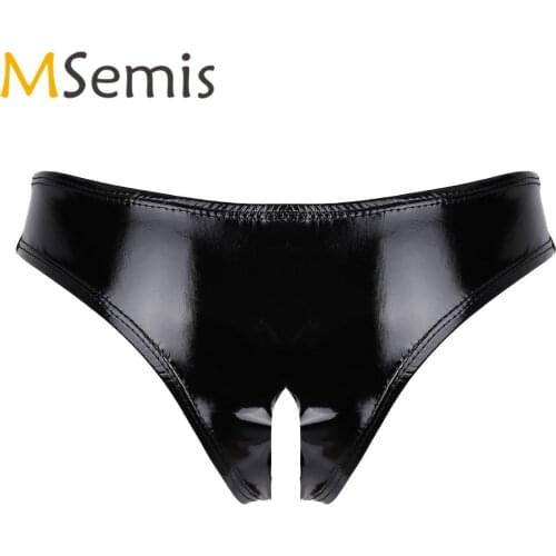 Womens Swimsuit Lingerie Mini Briefs Wet Look Leather Open Crotch High Cut Mini Briefs Underwear Bottom Crotchless Panties