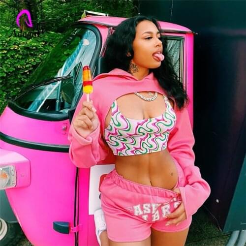 Fitness Women 2 Piece Set Solid Long Sleeve Crop Hoodies + Letter Printed Biker Shorts Matching Set 2021 Autumn Short Jogger Set