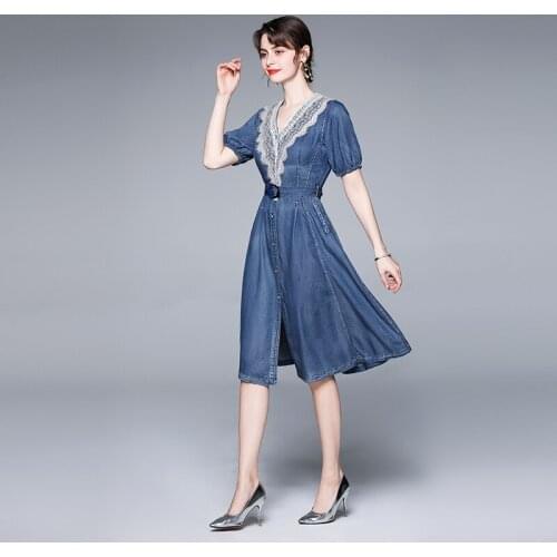 Summer Denim Dress Women Short Sleeve Lace Patchwork Casual Shirt Dress Korean High Street Fashion Robe Jeans Femme 2021