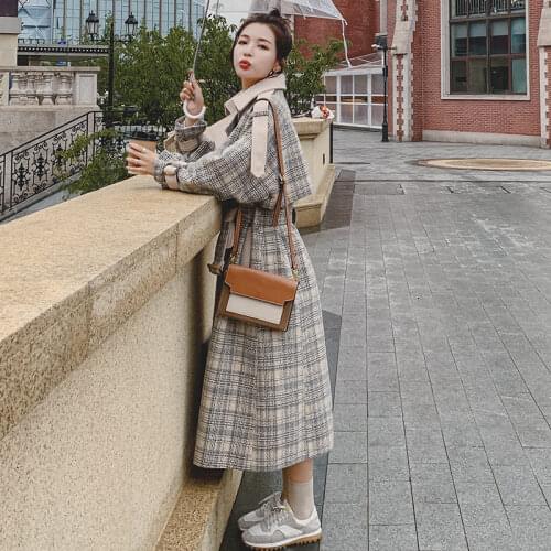 Long Plaid Woolen Coat For Women Autumn Winter New Korean Style Temperament All-match Female Thick Wool Overcoat With Belt e093