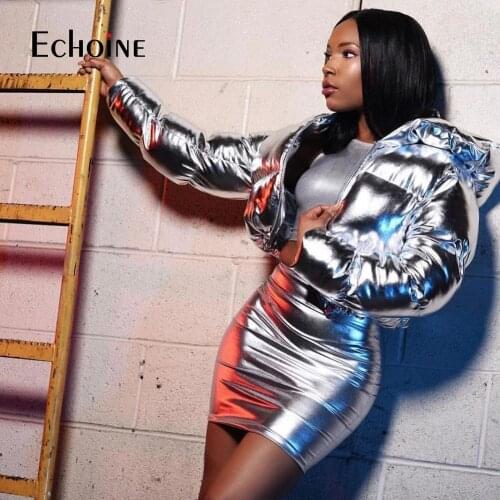 Echoine Women Sparking Silver Fashion Cotton Coats Winter Long Sleeves Stand Neck Zipper Girls Casual Bread Jackets Padded Coats