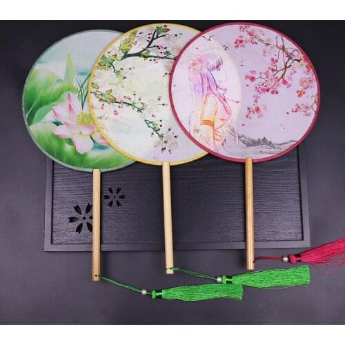 1Pc Chinese Style Vintage Lady Flower Round Hand Fan Wedding Dance Bamboo Handle Silk Cloth Fan