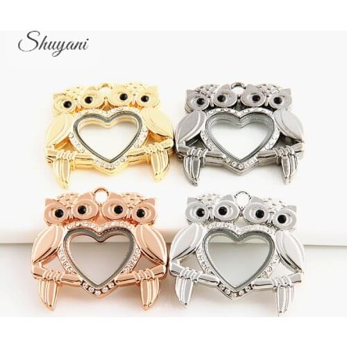 10pcs/lot Free Shipping Double Owl Heart Floating Locket With Rhinestones Memory Living Magnet Glass Charm Locket Pendant