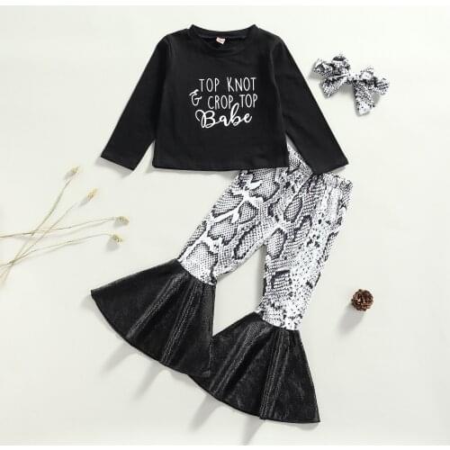 2Pcs Infant Casual Outfits Baby Girls Letter Print Long Sleeve T-shirt + Snakeskin Flared Pants Toddler Autumn Clothes Set