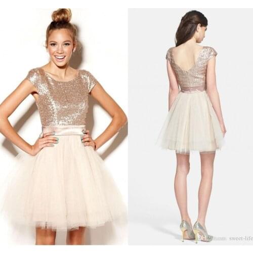 2021 Cheap Cocktail Dresses Short Rose Gold Sequins Tulle Sweet 16 Juniors Prom Dress Party Gowns Semi Formal Plus Size