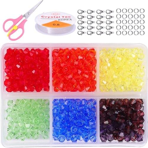 6Colors 600Pcs/Box 4mm Glass Bicone Crystal beads Faceted Austria Spacer Loose Beads Needlework for Jewelry making Elastic Cord