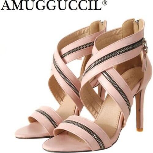 Plus Big Size 32-46 Black Red Pink Zip Fashion Sexy High Heel Summer Girls Females Ladies Womens Sandals L944