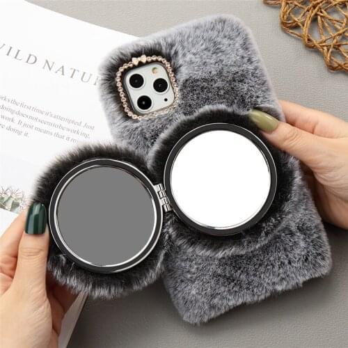 Girl Glitter Cute Mirror Fur Phone Case for iPhone 12 Pro Max XS XR 11 12 Mini Warm Furry Fluffy Cover for iPhone 6 6S 7 8 Plus