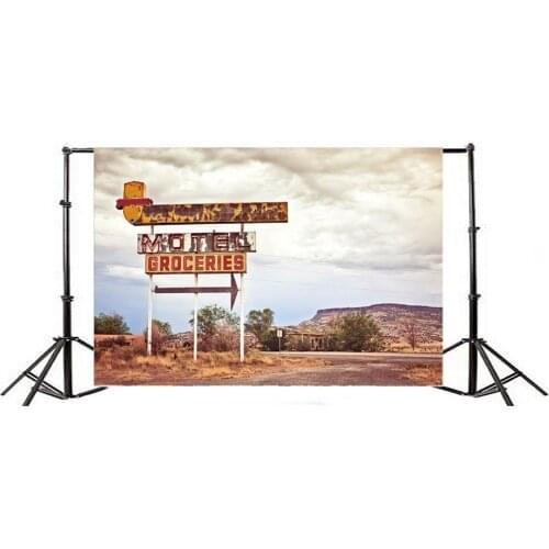 Photography Backdrop Ric Western Motel Groceries Road Sign Mount Tree Grass Field Dark Cloud Nature Travel Autumn