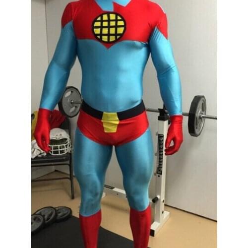Captain Planet Cosplay Superhero Costume Blue and Red Spandex Zentai Suit Freeshipping