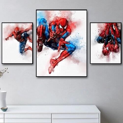 Cartoons Superhero Marvel Spiderman Watercolor Poster and Print Canvas Paintings Wall Art Pictures for Kids Room Home Decoration