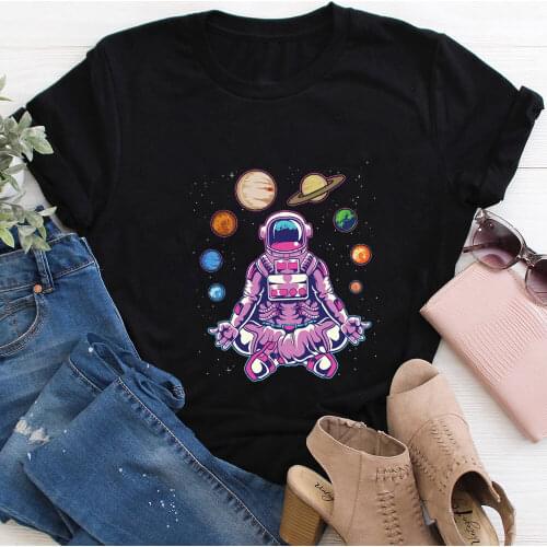 Space Astronaut 100%Cotton Print Women Tshirt Unisex Funny Summer Casual Short Sleeve Top Cute Planets And Spaceman Graphic Tee