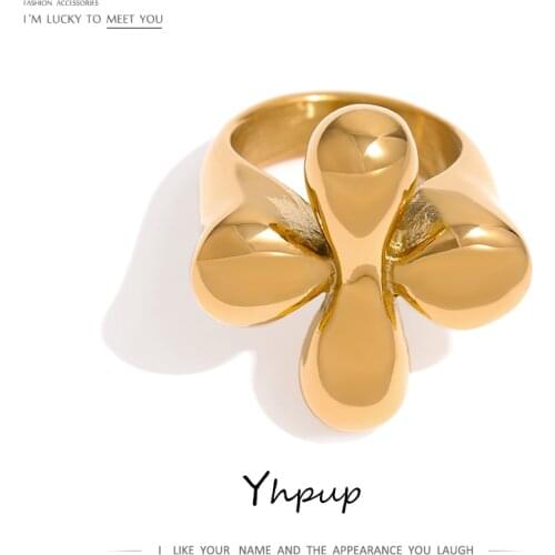 Yhpup Stainless Steel Statement Ring New Design Metalic Texture 18 K Plated Finger Ring Waterproof Jewelry Bagues Pour Femme