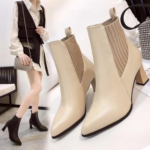 Vogue autumn Nice womens leather boots fashion boots thick heel pointed rubber sleeve high heel short tube Martin Boots