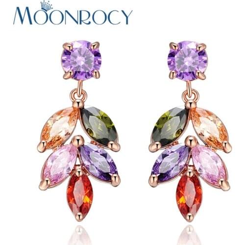 MOONROCY Drop Shipping Cubic Zirconia Rose Gold Color Bohemia Flower Leaf Colourful Crystal Earring Jewelry for Women Girls Gift