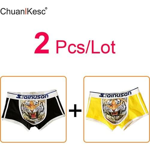2Pcs/Lot Mens Boxers New Personalized 3D Tiger Head Pattern Underwear Sexy And Comfortable Cotton Shorts
