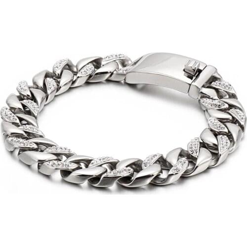 HAOLYNJOY 12mm Mens Charm Bracelet Zircon Stainless Steel Rock Mens Bracelets Jewelry